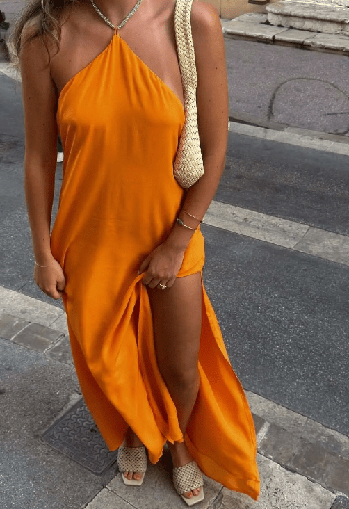 Abito lungo Leah con paillettes e scollo all'americana