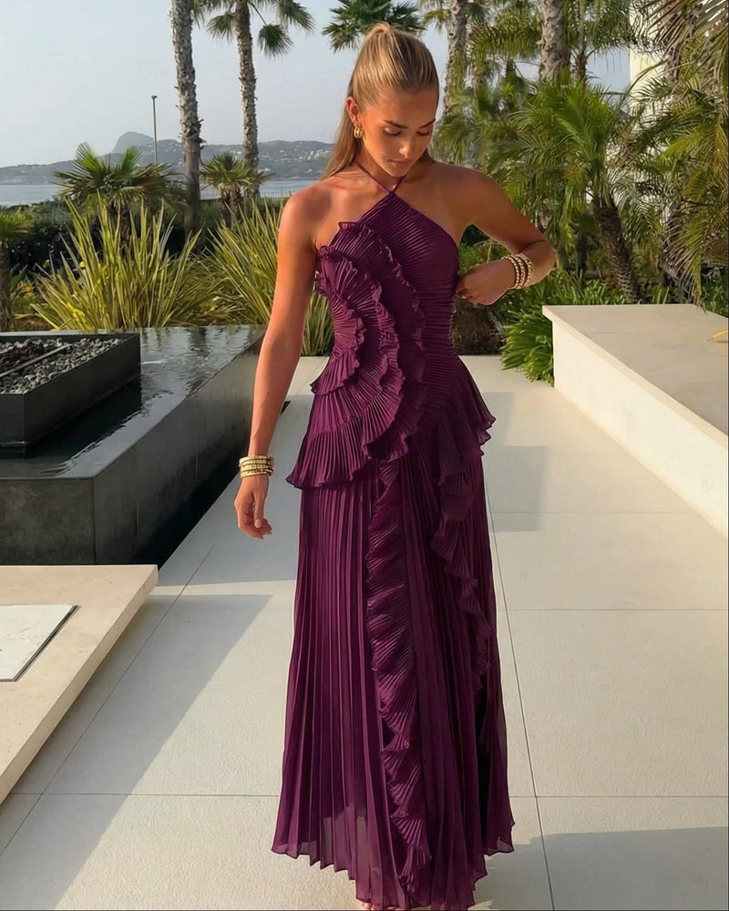ZEYA - Bayley Halter Pleated Ruffle Maxi Dress