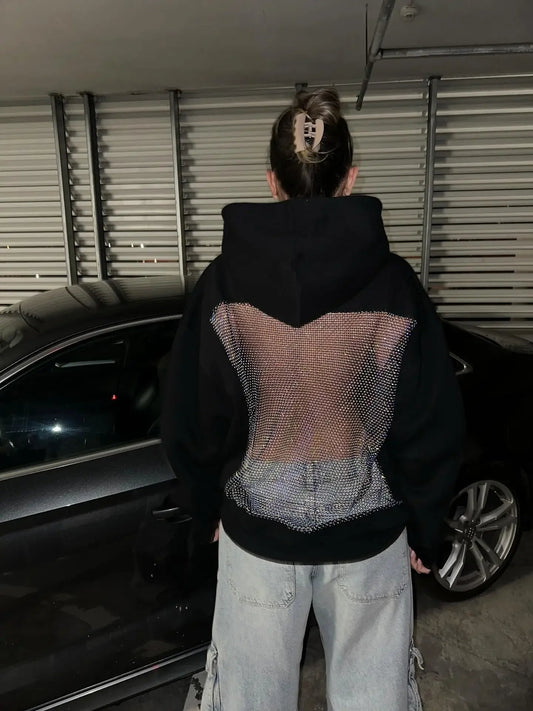 ZEYA - Bridget Rhinestone Mesh Open Back Hoodie