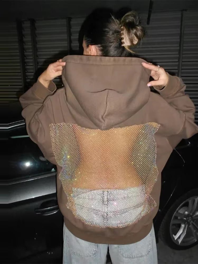 ZEYA - Bridget Rhinestone Mesh Open Back Hoodie