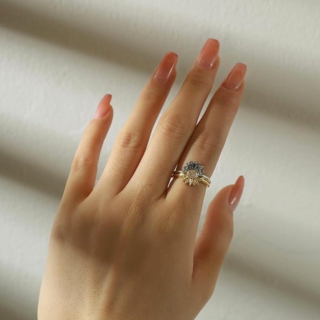 ZEYA - Brietta Celestial Sun & Moon Ring Set - Hand - Finished 14k Gold - Plated Stackable Jewelry