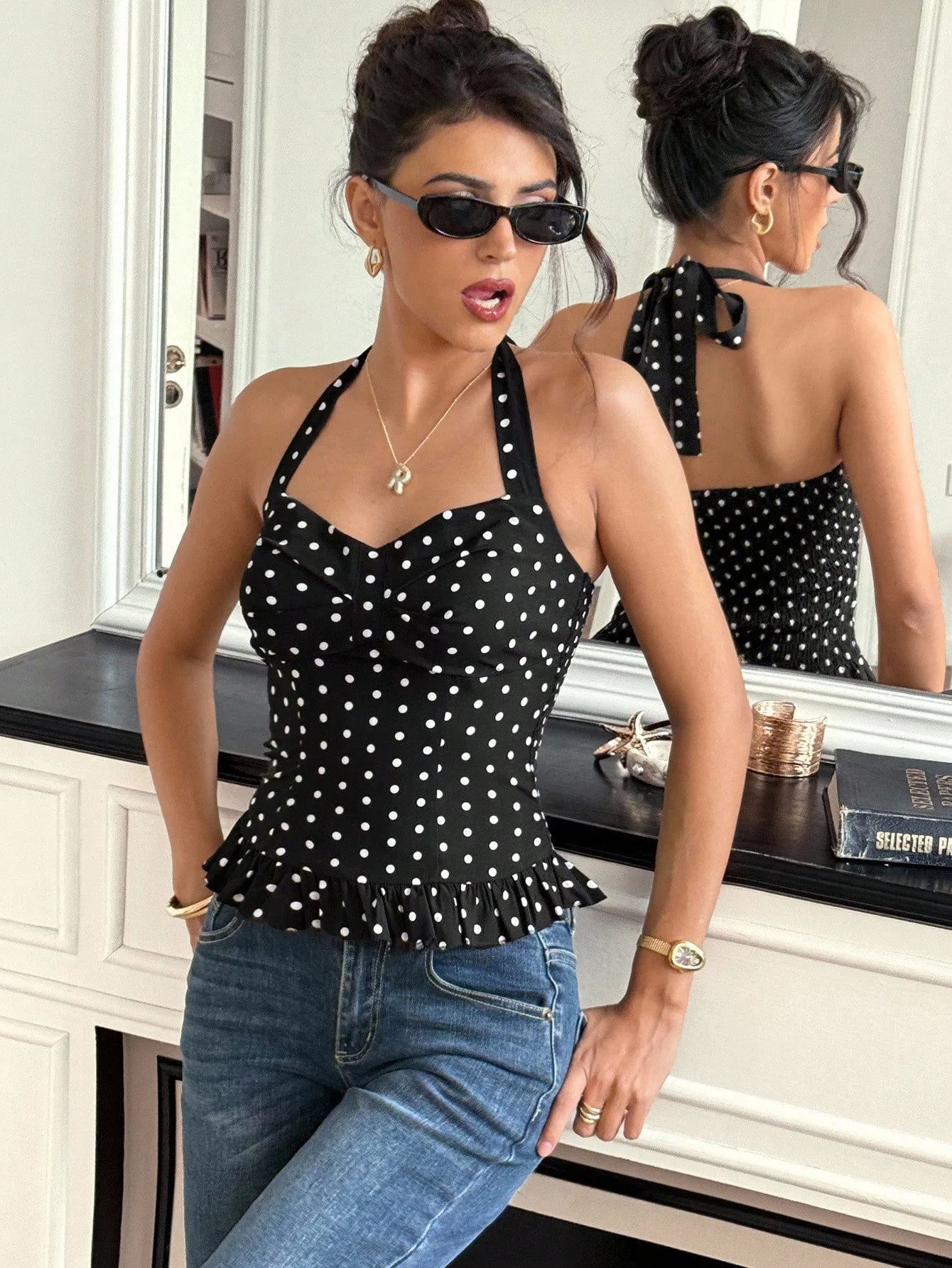 ZEYA - Carmina Polka Dot Halter Ruffle Crop Top