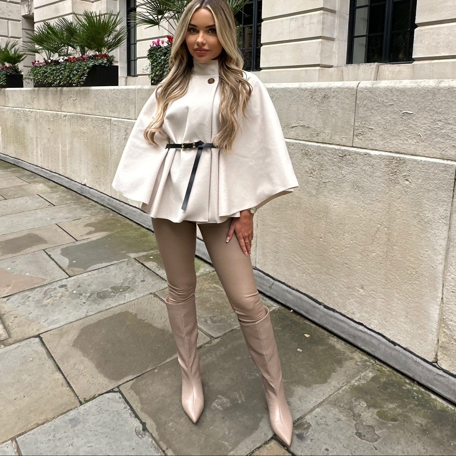 ZEYA - Caroline High Neck Cape Jacket with Belt