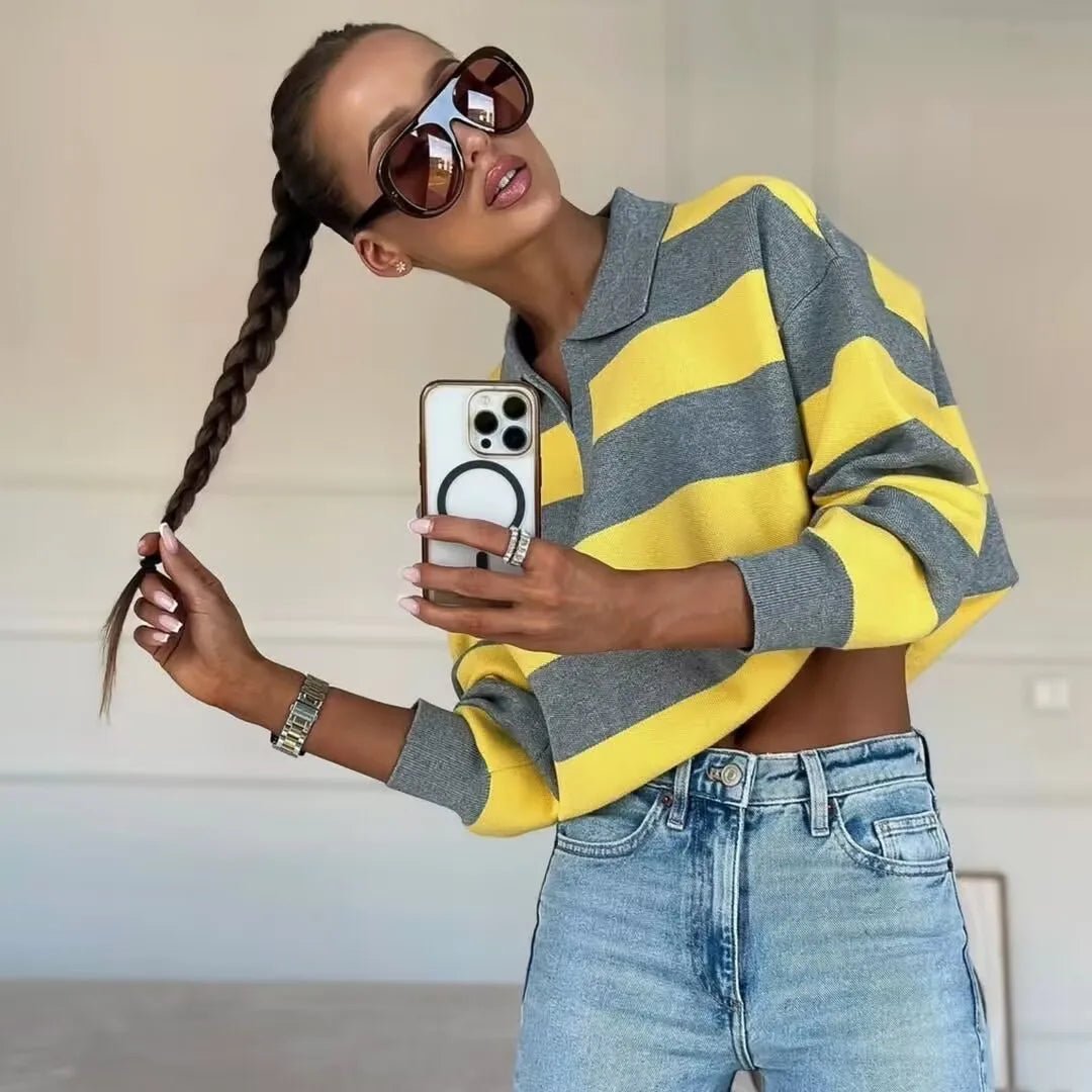 ZEYA - Elena Striped Knit Polo Sweater