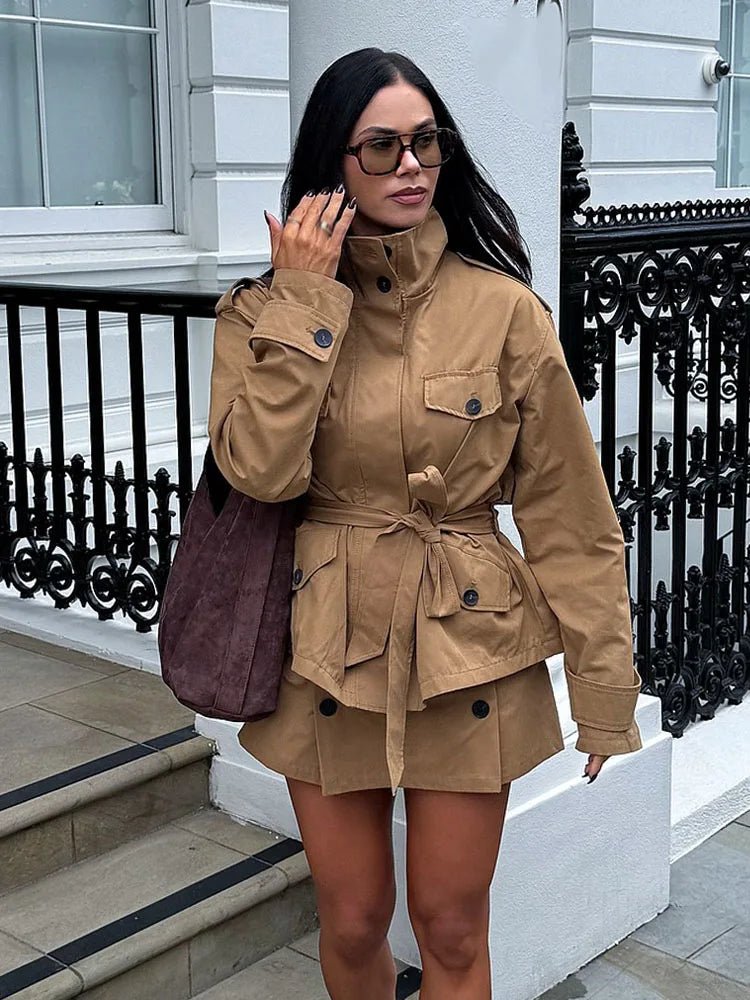ZEYA - Emily High Collar Belted Jacket & Skort Set