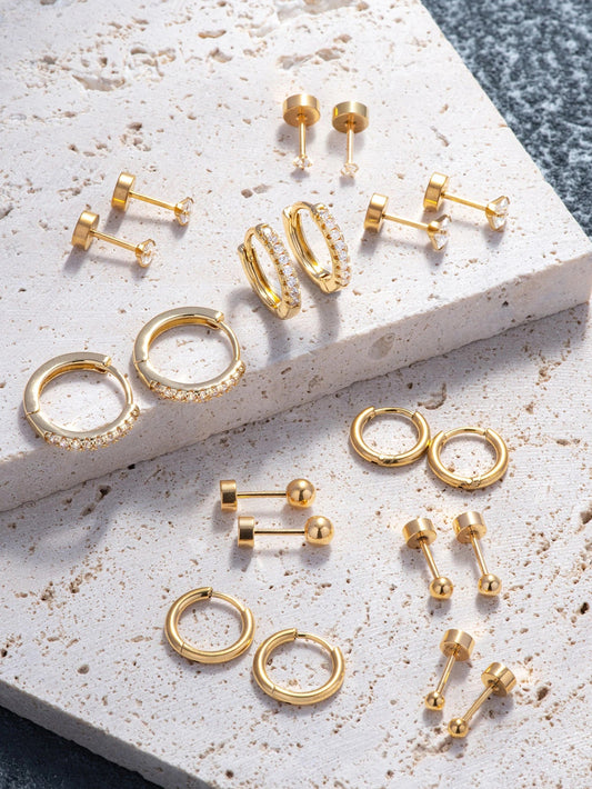 ZEYA - Emma Earrings Set - 10 Pairs of 18K Gold Hoop Earrings for Women, Lightweight & Versatile