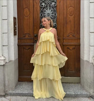 Vestito lungo Rose a volant con schiena scoperta