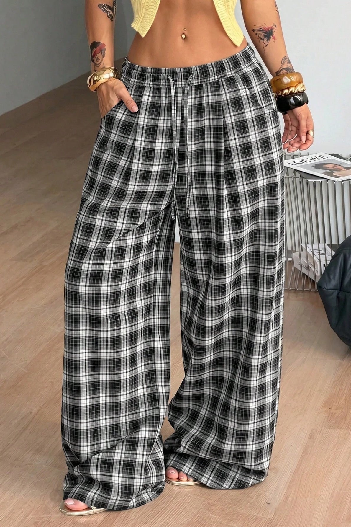 ZEYA - Jessica Plaid Wide Leg Drawstring Pants