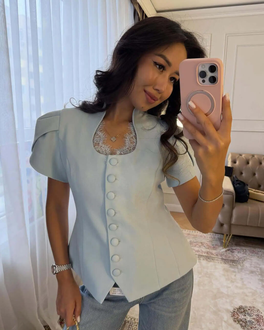 Leah Button Front Stand Collar Top