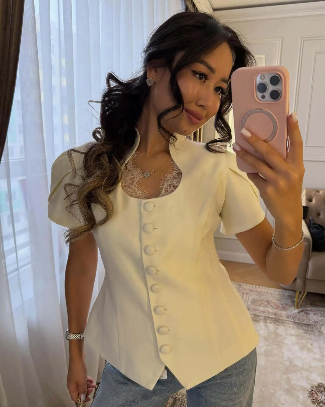 Leah Button Front Stand Collar Top