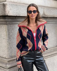 Lara Cardigan in Maglia a Rombi con Coste e Zip
