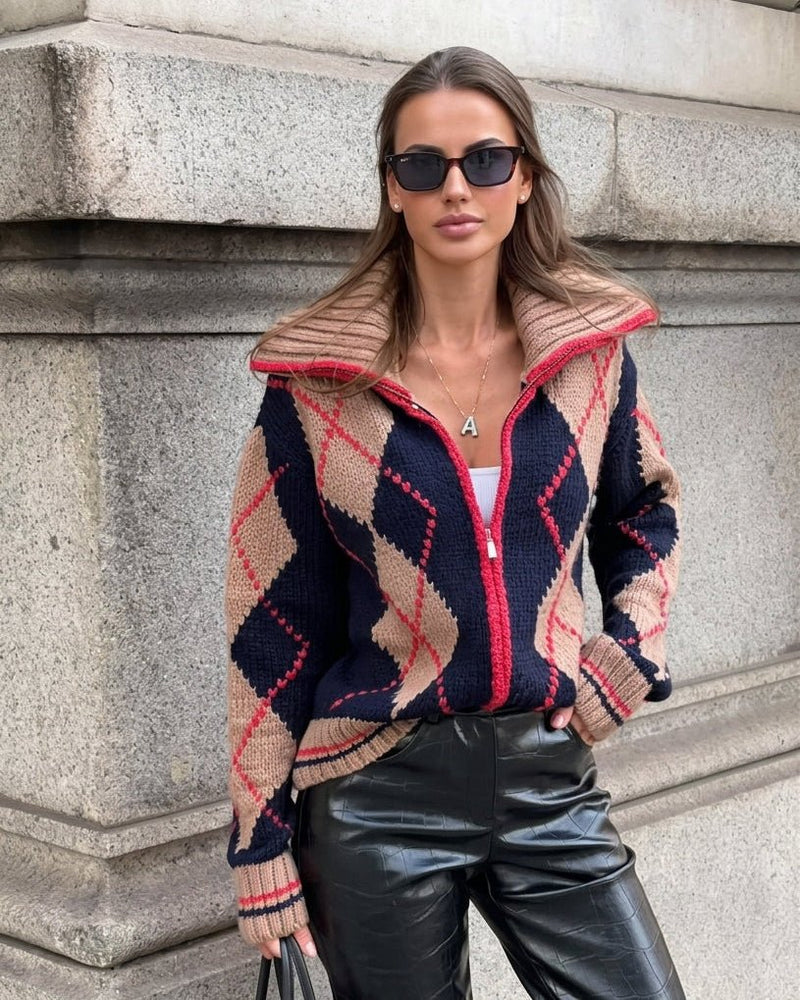 Lara Cardigan in Maglia a Rombi con Coste e Zip