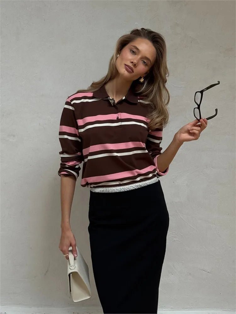 ZEYA - Laura Striped Polo Long Sleeve Top