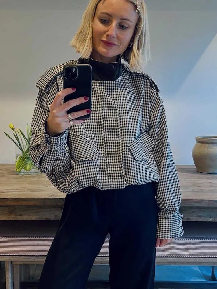 ZEYA - Lisa High Neck Checked Bomber Jacket
