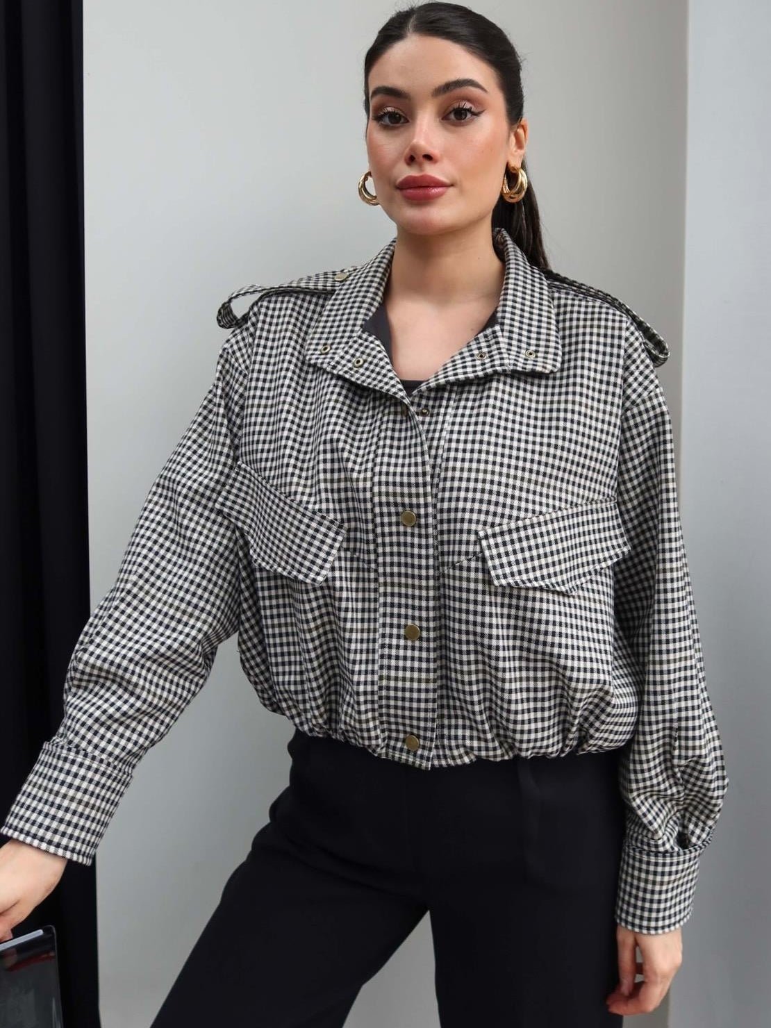 ZEYA - Lisa High Neck Checked Bomber Jacket