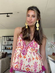 Top Mia ricamato boho con nappine e laccio