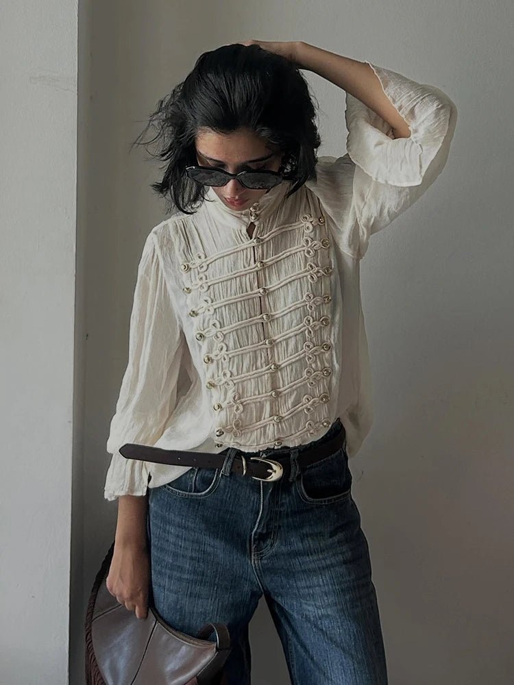 ZEYA - Miranda Vintage Stand Collar Frog Button Blouse