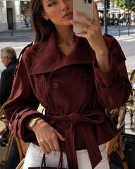 Nicole Giacca Cinturata in Finta Pelle Scamosciata con Collo a Imbuto