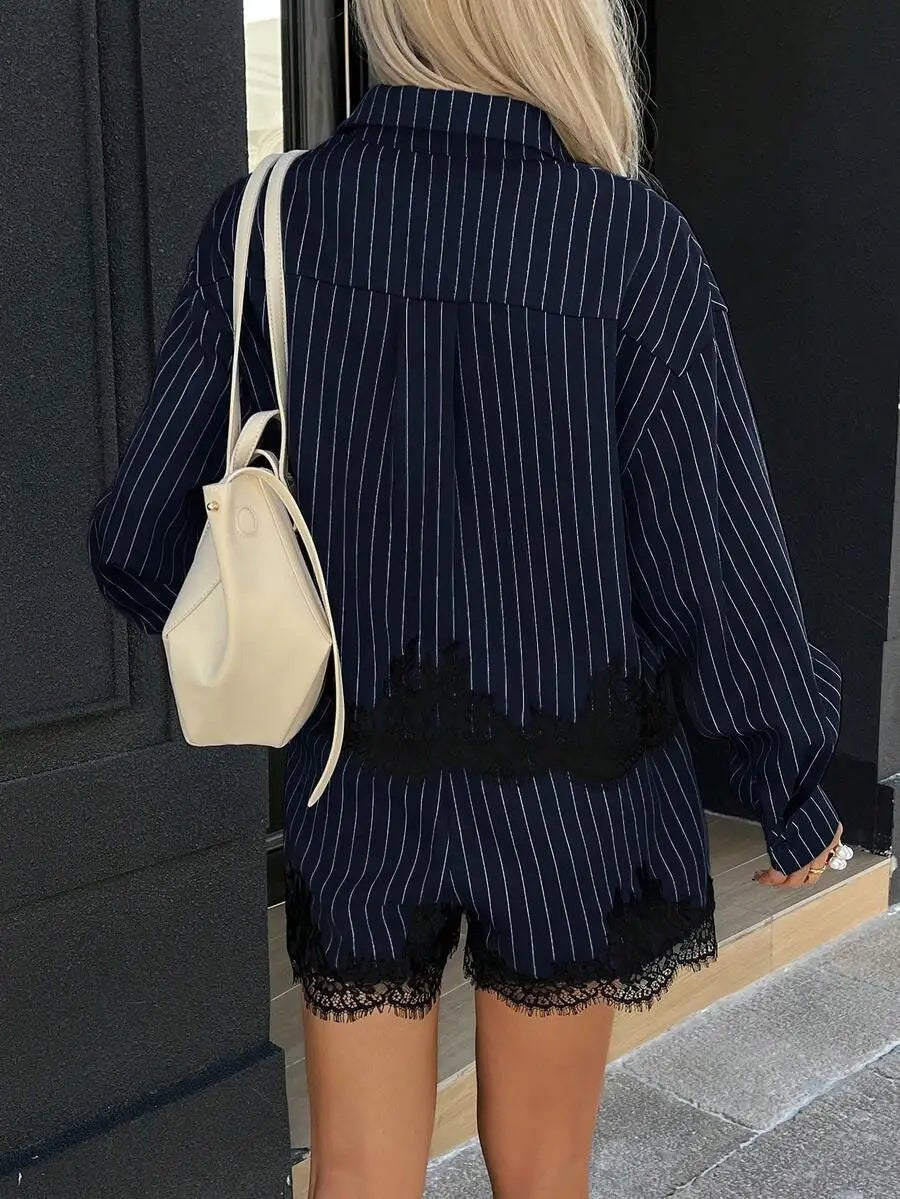 ZEYA - Sabrina Pinstripe Lace Trim Shorts Set