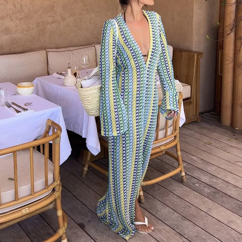 Sophia abito maxi a righe in crochet con maniche a campana