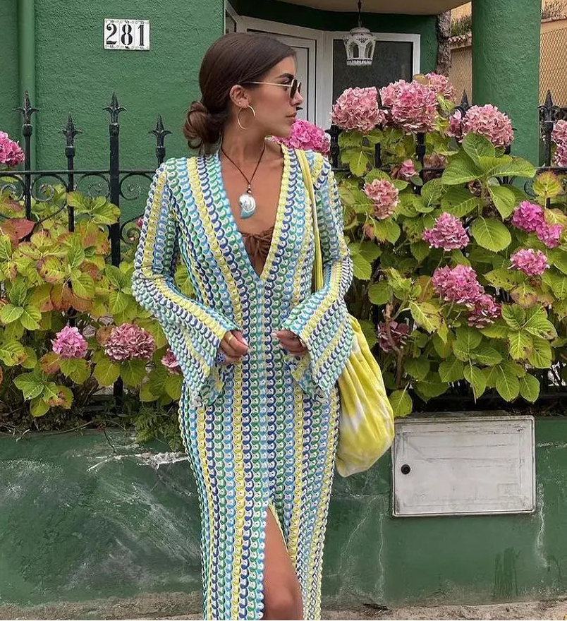 Sophia abito maxi a righe in crochet con maniche a campana
