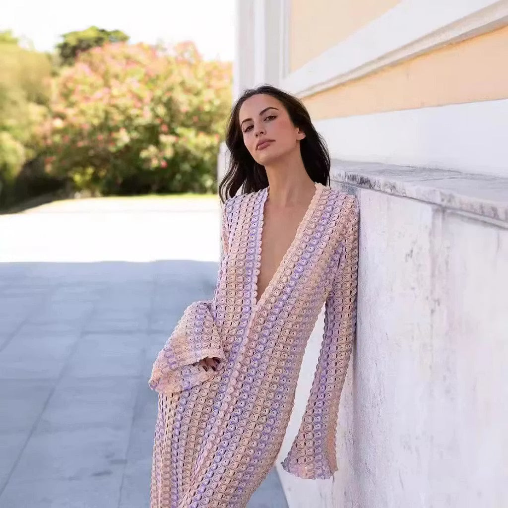 Sophia abito maxi a righe in crochet con maniche a campana