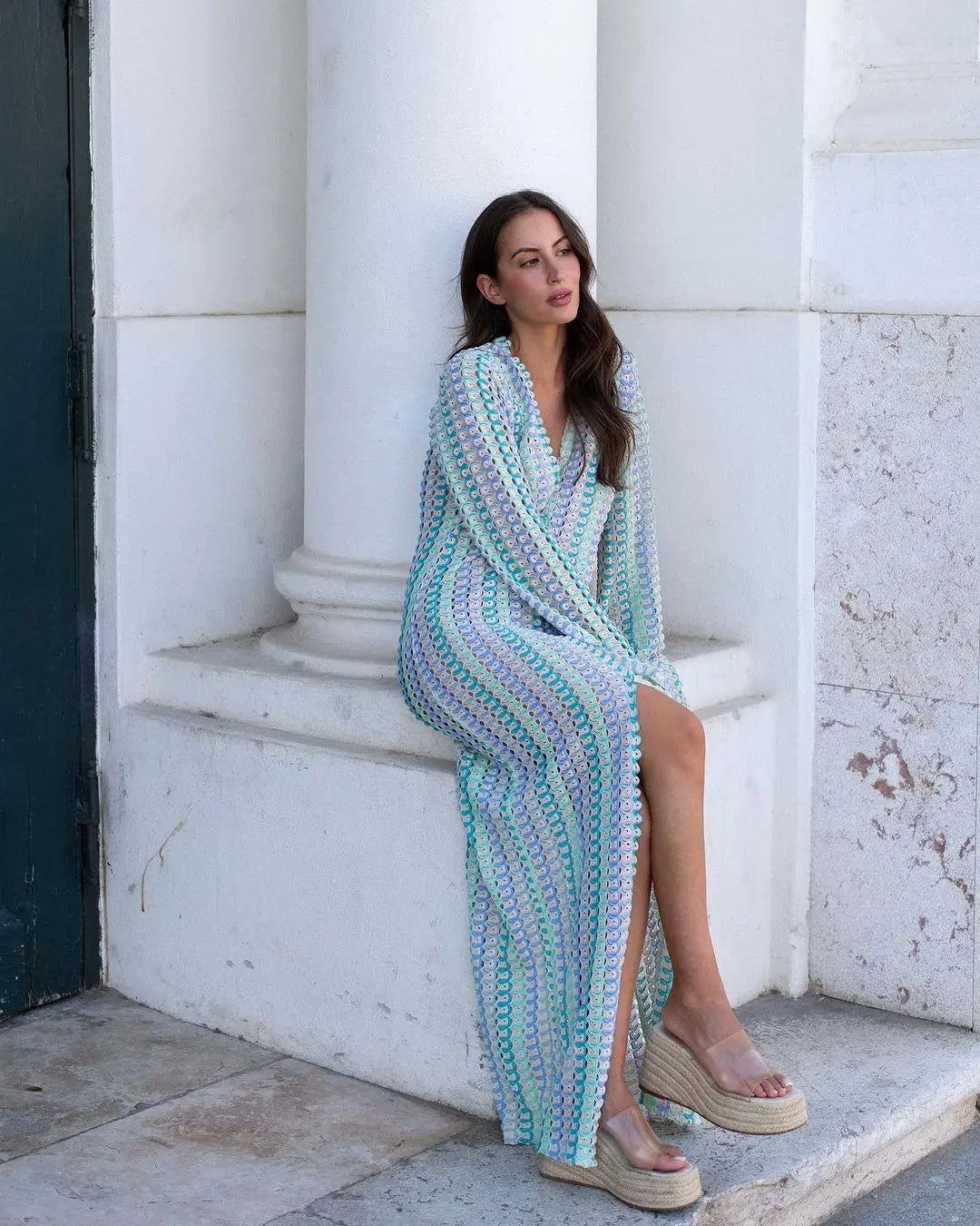 Sophia abito maxi a righe in crochet con maniche a campana