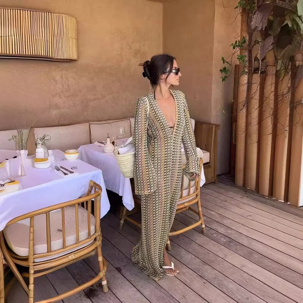 Sophia abito maxi a righe in crochet con maniche a campana