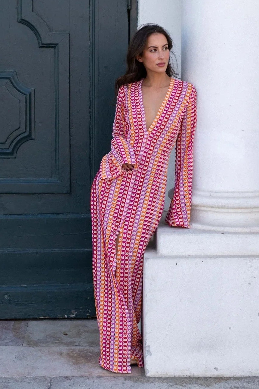 Sophia abito maxi a righe in crochet con maniche a campana