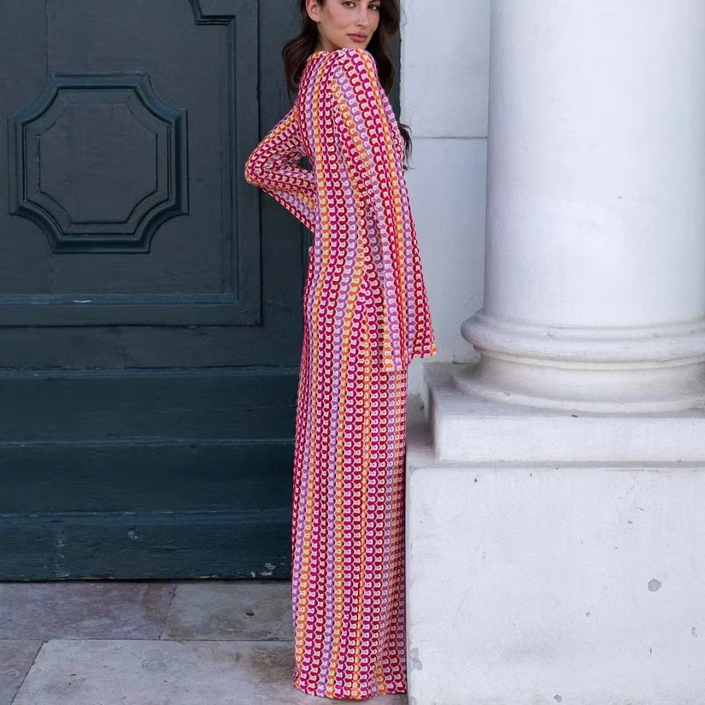Sophia abito maxi a righe in crochet con maniche a campana