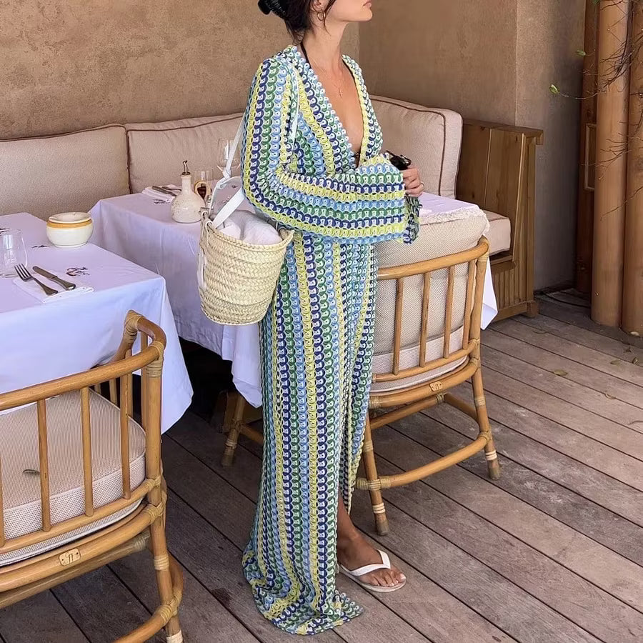 Sophia abito maxi a righe in crochet con maniche a campana